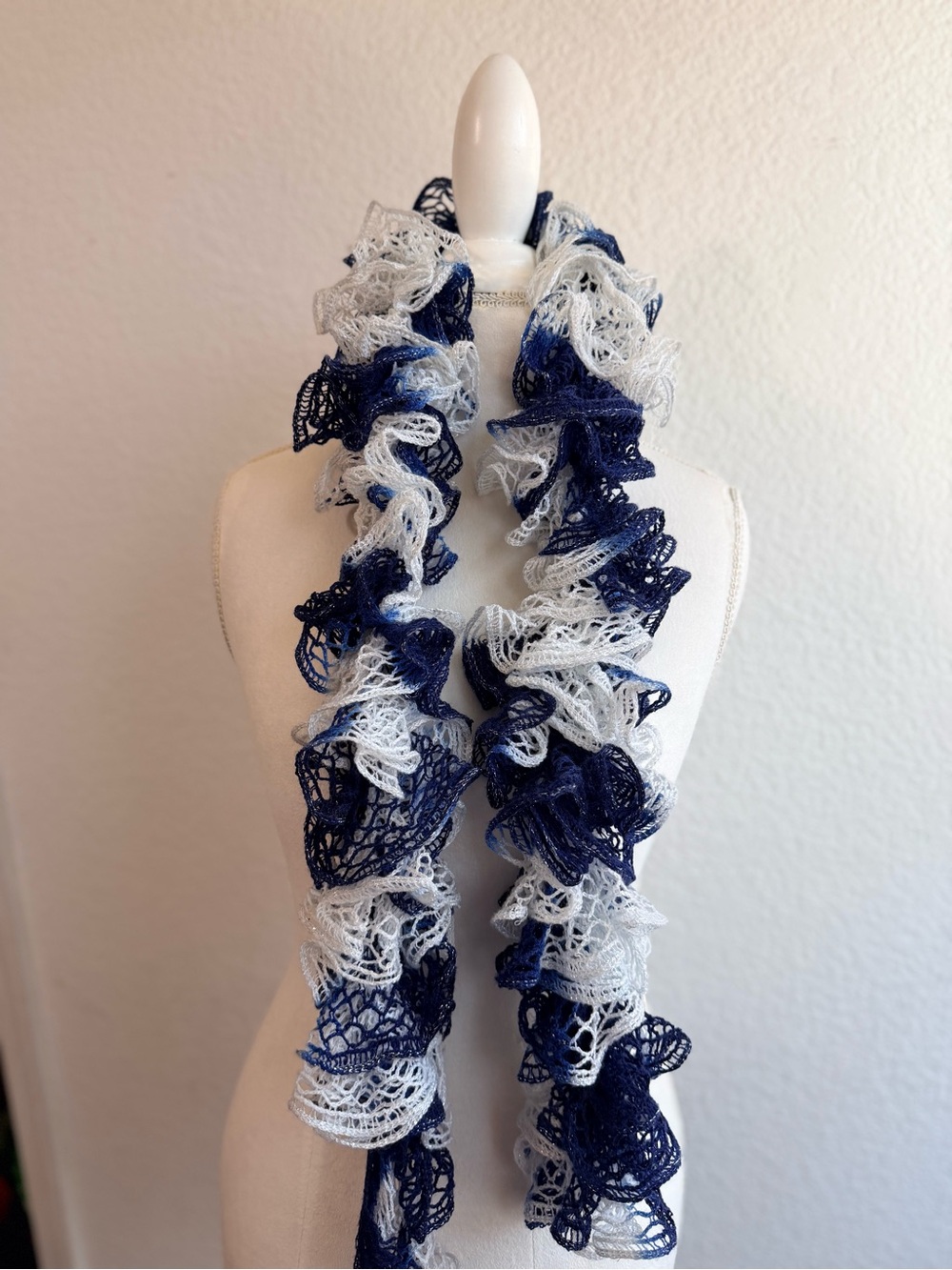 y2K Handmade Navy White Ruffled Fashion Scarf